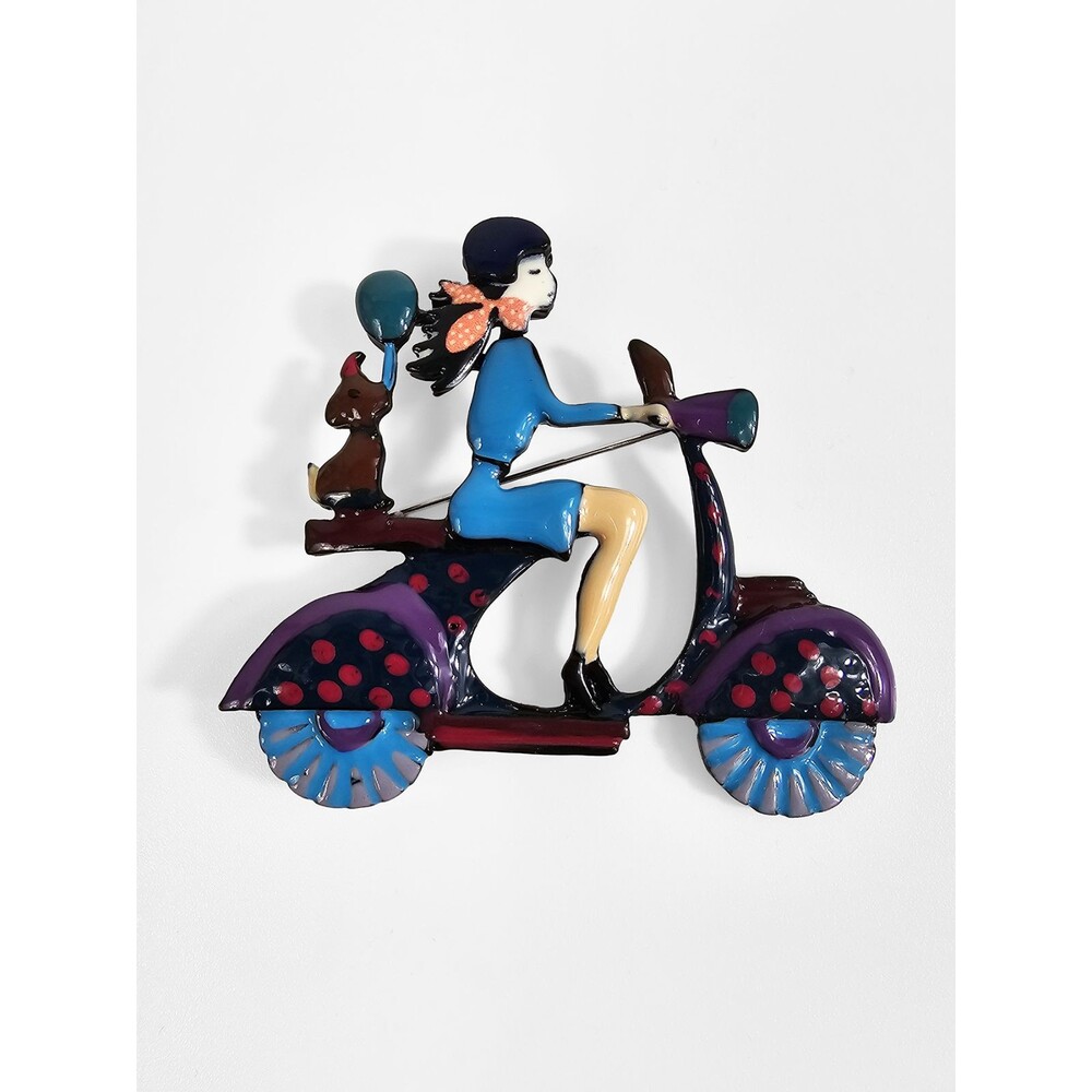 Retro Enamel Metal Woman Riding Scooter with Dog Brooch Pin